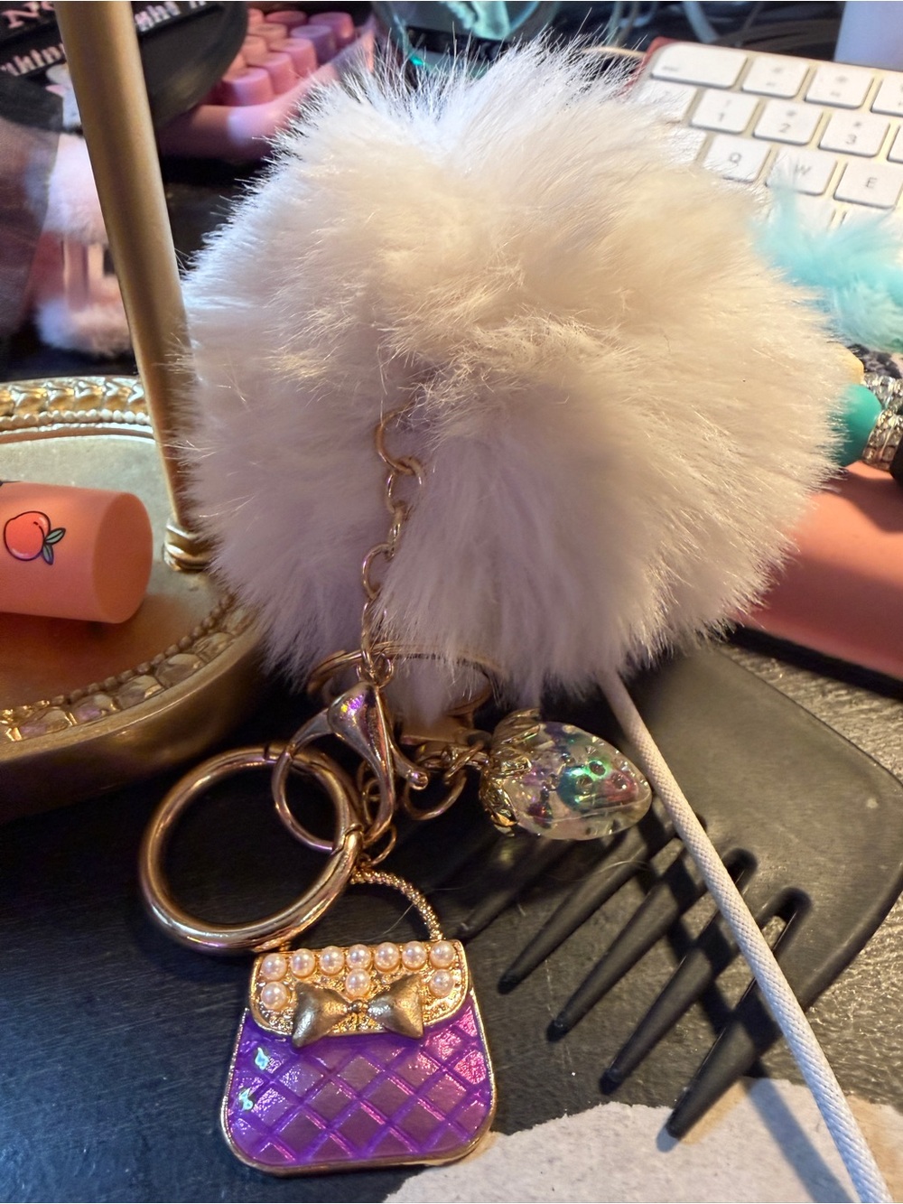 Plush White Pom Pom Keychain with Purple Quilted Purse Charm